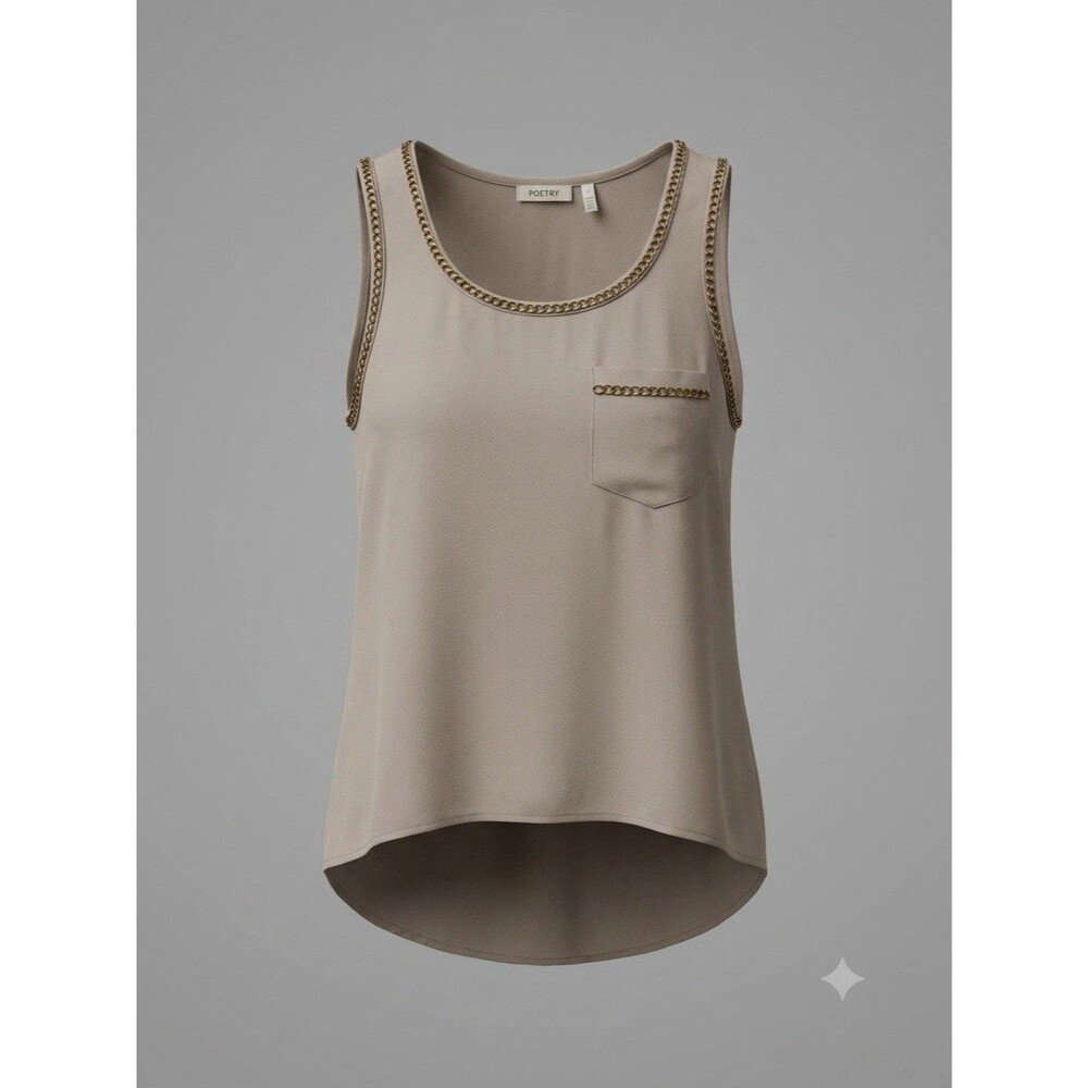 Poetry Taupe Chain Link Trim Chiffon Blouse S Sleeveless High Low Pocket Minimal